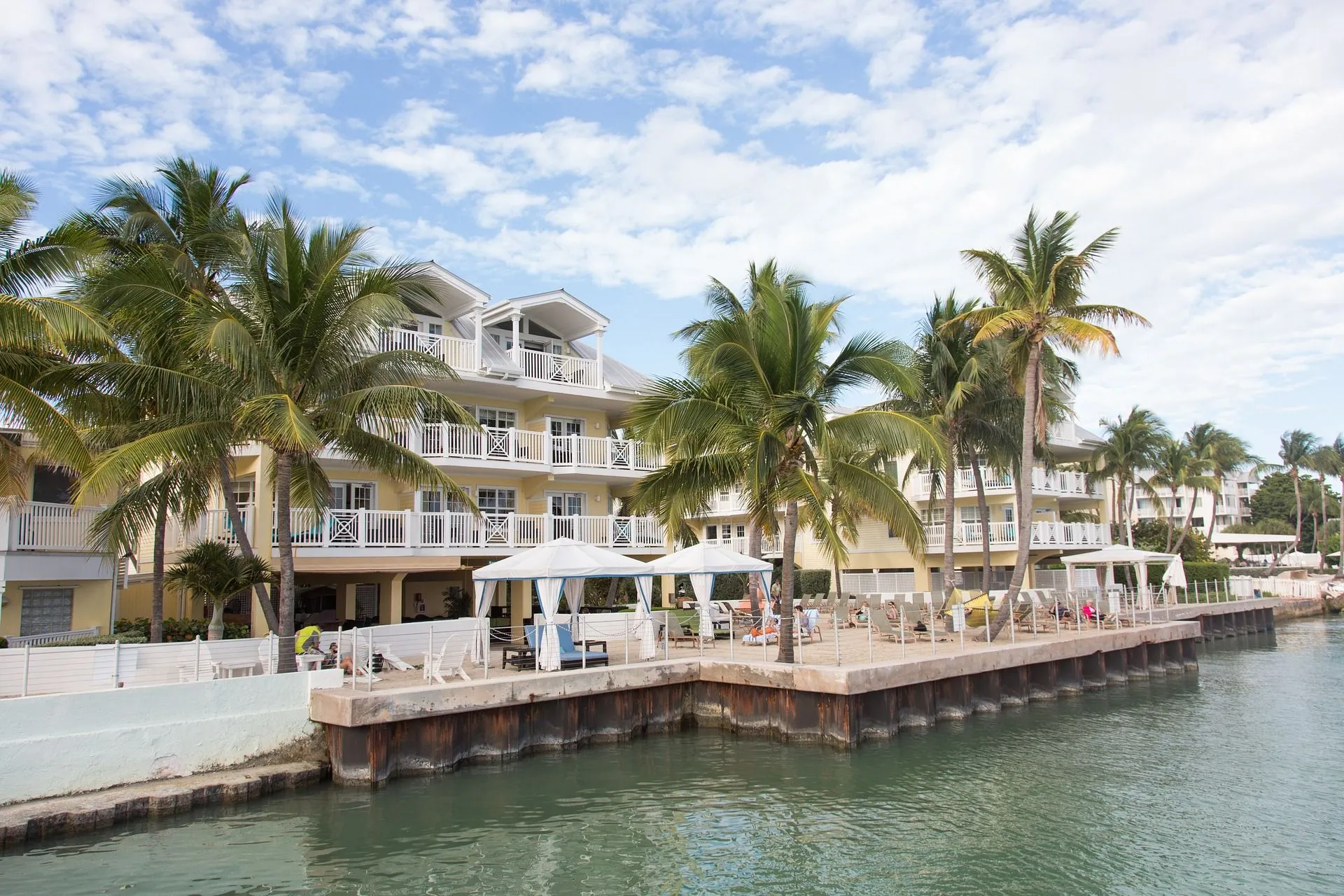 Palm-lined waterfront marina in the Florida Keys